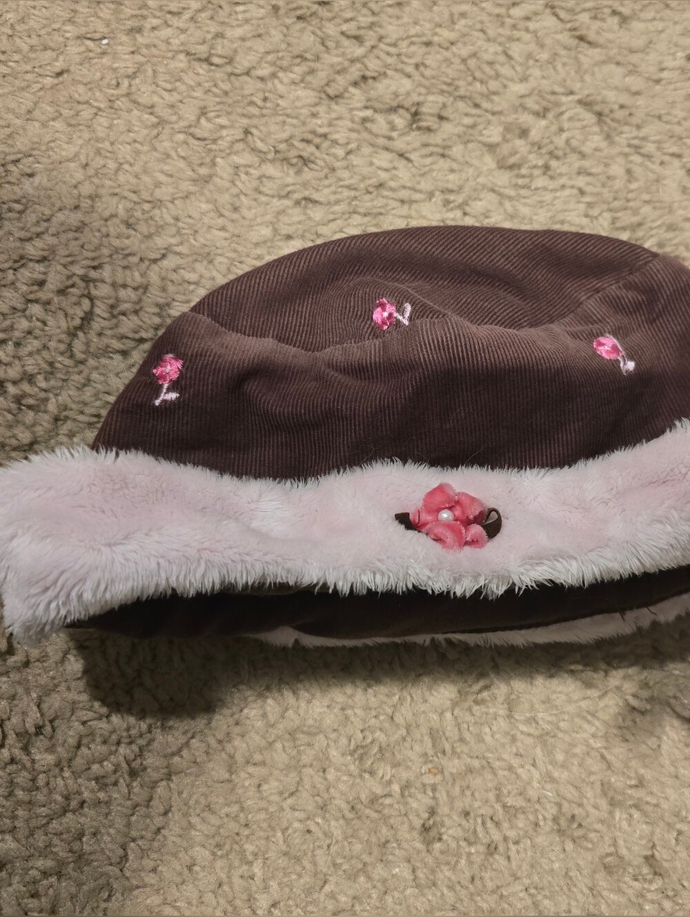 Kids Brown Corduroy Hat with Pink Faux Fur Trim